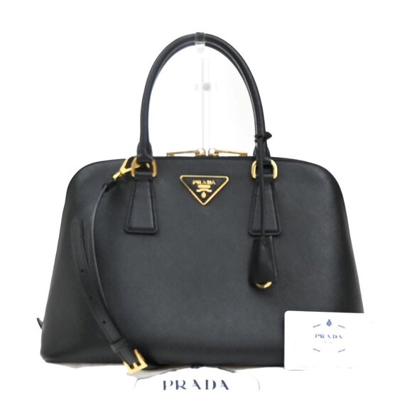 PRADA MILANO 2Way Shoulder Hand Bag Saffiano Leather Black Gold Italy 908-082225 - Picture 1 of 16